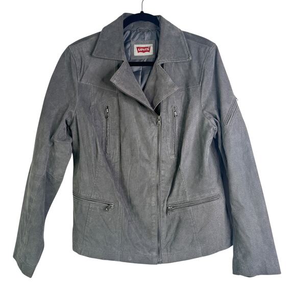 Levi’s Brushed Suede 100% Leather Moto Jacket Grey Women’s Plus Size 1X Biker - Picture 2 of 14